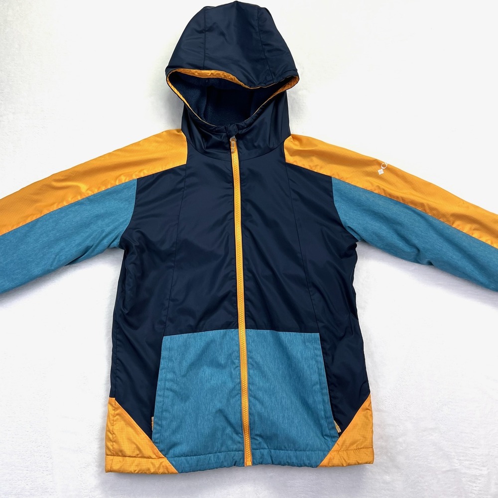 Columbia Kids L 14/16 Fleece Lined Hooded Jacket Colorblock Navy Orange WB0041 - Picture 4 of 9